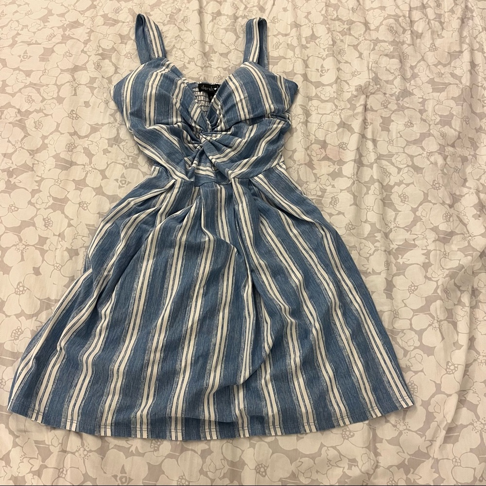 blue and white striped dress